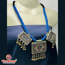 Load image into Gallery viewer, Tribal Blue Beaded Necklace With Dangling Pendant