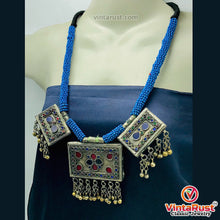 Load image into Gallery viewer, Tribal Blue Beaded Necklace With Dangling Pendant