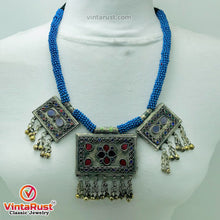 Load image into Gallery viewer, Tribal Blue Beaded Necklace With Dangling Pendant