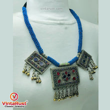 Load image into Gallery viewer, Tribal Blue Beaded Necklace With Dangling Pendant