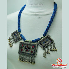 Load image into Gallery viewer, Tribal Blue Beaded Necklace With Dangling Pendant