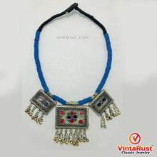 Load image into Gallery viewer, Tribal Blue Beaded Necklace With Dangling Pendant