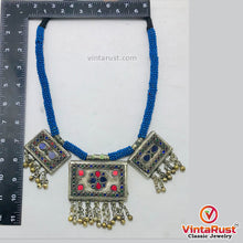 Load image into Gallery viewer, Tribal Blue Beaded Necklace With Dangling Pendant