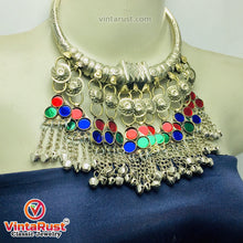 Load image into Gallery viewer, Tribal Silver Torque Choker Necklace With Multicolor Glass Stones