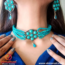 Load image into Gallery viewer, Turquoise Flower Necklace and Earrings Jewellery Set