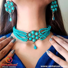 Load image into Gallery viewer, Turquoise Flower Necklace and Earrings Jewellery Set