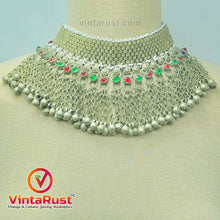 Load image into Gallery viewer, Vintage Red and Green Glass Stones Choker Necklace With Bells