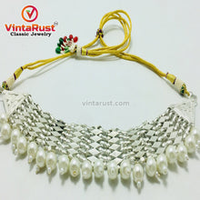 Load image into Gallery viewer, Woven Metallic Tribal Choker Necklace With White Pearls