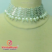 Load image into Gallery viewer, Woven Metallic Afghan Choker Necklace With White Pearls