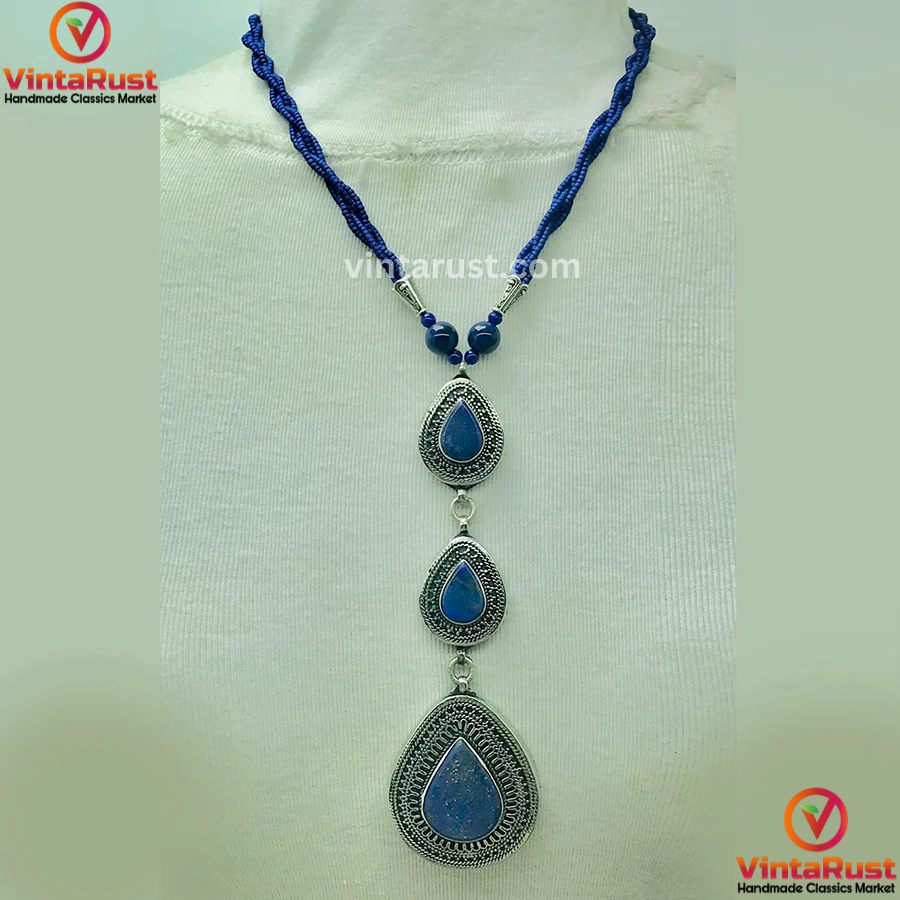 Bohemian Lapis Lazuli Stone Teardrop Pendant Necklace