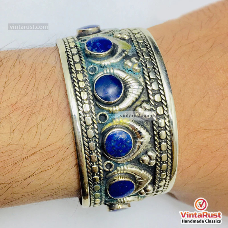 Vintage Adjustable Lapis Lazuli Stone Cuff Bracelet