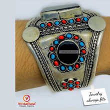 Load image into Gallery viewer, Tribal Stone Cuff Bracelet With Turquoise and Coral Beads
