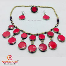 Load image into Gallery viewer, Coral Stone Beaded Choker with Ring and Earrings
