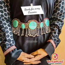 Load image into Gallery viewer, Ethnic Tribal Green Stones Belt With Silver Bells
