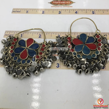 Load image into Gallery viewer, Red and Blue Kuchi Earrings With Silver Bells
