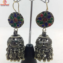 Load image into Gallery viewer, Antique Tribal Glass Stones Jhumka Earrings

