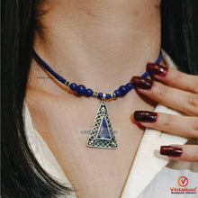 Load image into Gallery viewer, Lapis Beaded Chain Necklace Silver Triangle Pendant with Gemstone Ring
