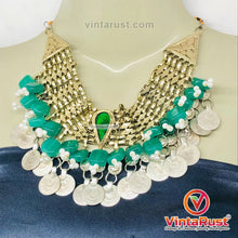 Load image into Gallery viewer, Coins Choker Necklace With Green Glass Stones and Beads

