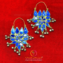 Load image into Gallery viewer, Tribal Glass Stones Floral Earrings With Silver Bells
