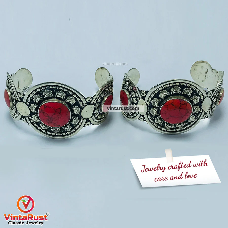 Antique Tribal Coral Stone Cuff Bracelet