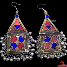 Load image into Gallery viewer, Tribal Dangle with Red and Blue Glass Stones Earrings
