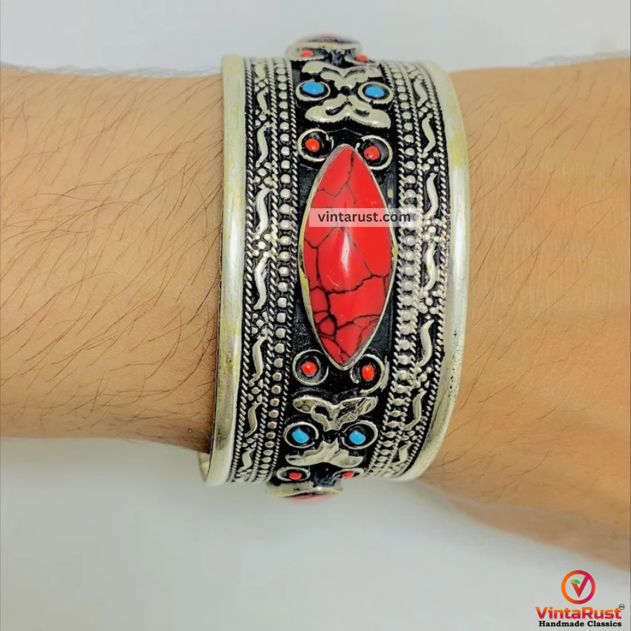 Antique Inlaid Stone Cuff Bracelet