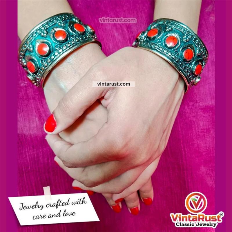 Boho Kuchi Cuff Bracelet With Stones