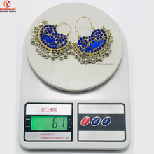 Load image into Gallery viewer, Blue Glass Stones Silver Boho Chandbali Earrings
