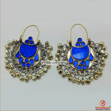Load image into Gallery viewer, Blue Kuchi Hoop Earrings With Small Silver Bells
