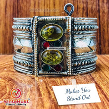 Load image into Gallery viewer, Vintage Gypsy Cuff Bracelet With Yellow Glass Stones
