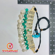Load image into Gallery viewer, Coins Choker Necklace With Green Glass Stones and Beads
