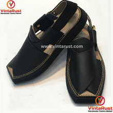 Load image into Gallery viewer, Handmade Men&#39;s Black Peshawari Chappal
