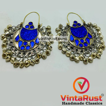 Load image into Gallery viewer, Blue Kuchi Hoop Earrings With Small Silver Bells

