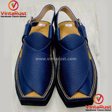 Load image into Gallery viewer, Handmade Blue Leather Peshawari Men&#39;s Chappal
