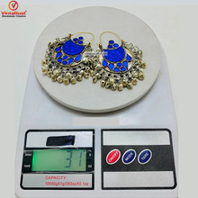Load image into Gallery viewer, Blue Kuchi Hoop Earrings With Small Silver Bells
