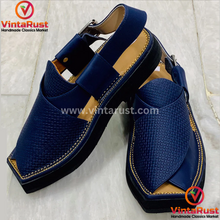 Load image into Gallery viewer, Handmade Blue Leather Peshawari Men&#39;s Chappal
