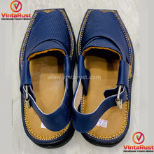 Load image into Gallery viewer, Handmade Blue Leather Peshawari Men&#39;s Chappal
