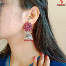 Load image into Gallery viewer, Antique Oxidized Jhumka Earrings With Glass Stones
