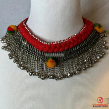 Load image into Gallery viewer, Red Tribal Choker Necklace with Bells
