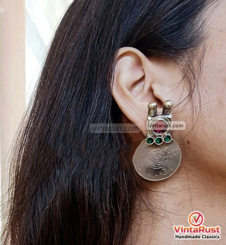 Vintage Coins Earrings with Glass Stones