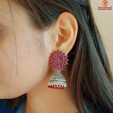 Load image into Gallery viewer, Antique Oxidized Jhumka Earrings With Glass Stones
