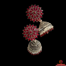 Load image into Gallery viewer, Antique Oxidized Jhumka Earrings With Glass Stones

