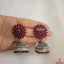 Load image into Gallery viewer, Antique Oxidized Jhumka Earrings With Glass Stones
