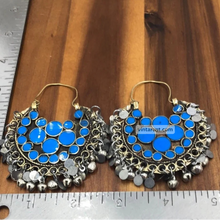 Load image into Gallery viewer, Tribal Light Weight Blue and Silver Hoop Style Earrings
