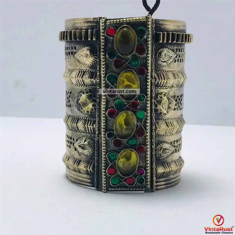 Golden Tribal Cuff Bracelet With Big Glass Stones