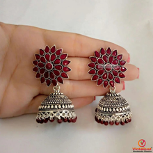 Load image into Gallery viewer, Antique Oxidized Jhumka Earrings With Glass Stones
