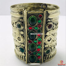 Load image into Gallery viewer, Golden Tribal Cuff Bracelet With Big Glass Stones
