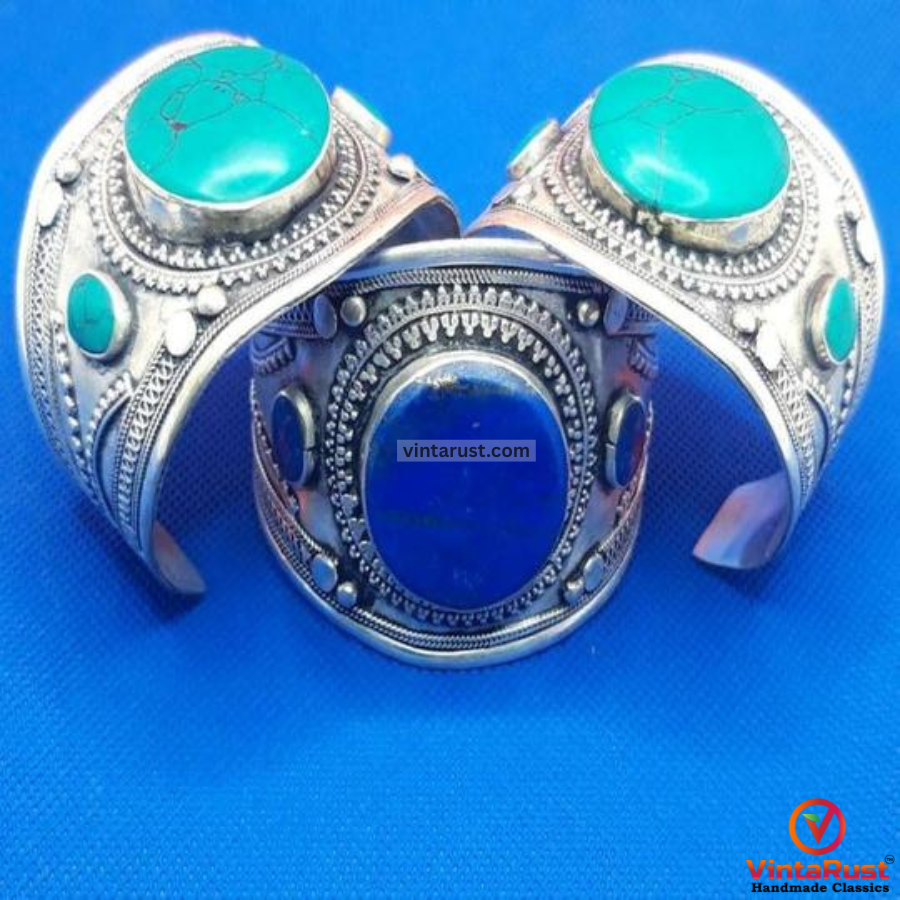 Boho Kuchi Cuff Bracelet With Round Shaped Stones