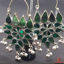 Load image into Gallery viewer, Green Glass Stones Floral Earrings With Silver Bells

