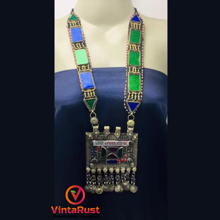 Blue and Green Long Chain Pendant Necklace